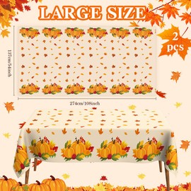 Fall Tablecloth, Thanksgiving Tablecloth Disposable, 2 PCS Friendsgiving Tablecloth, Plastic Autumn Pumpkins Maple Leaves Harvest Table Cover for Thanksgiving Party Decorations Table Decor, 54”x108”