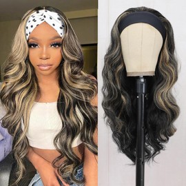 xccoco Headband Wig Black Wigs with Blonde Highlight Headband Wigs for Black Women Put on and Go Glueless Wig Body Wave Synthetic Curly Wig with Headband,24inch