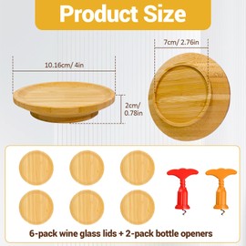 6 Pcs Wine Glass Charcuterie Topper -Wine Glass Covers Bamboo Appetizer Plates,Keep Bugs Out,Wine Charcuterie Boards with Two Bottle Openers for Family Gatherings Party Gift Wine Enthusiasts