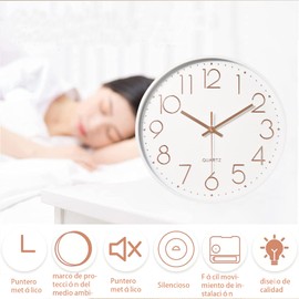 Reloj de Pared de Cuarzo silencioso,Reloj de Pared Moderno,12 Pulgadas Grandes Decorativos Silencioso Interior Reloj de Cuarzo de Cuarzo Redondo No-Ticking para Sala de Estar,la Escuela (Blanco)