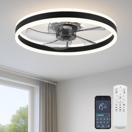Fszdorj Ceiling Fan with Light, Upgraded 20‘’ Low Profile Fan, Flush Mount Ceiling Fan, 6 Speeds, Dimmable LED, App & Remote Control, Quiet DC Motor, for Bedroom, Living Room, F105 Black-D