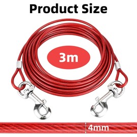 Tie Out Cable for Dogs, 10FT Dog Leads for Yard Chew Proof, Long Dog Leash for Backyard, Reflective Dog Lead Line, with 360° Swivel Lockable Hook and PVC Coating, Dog Leashes for All Dogs (Red).