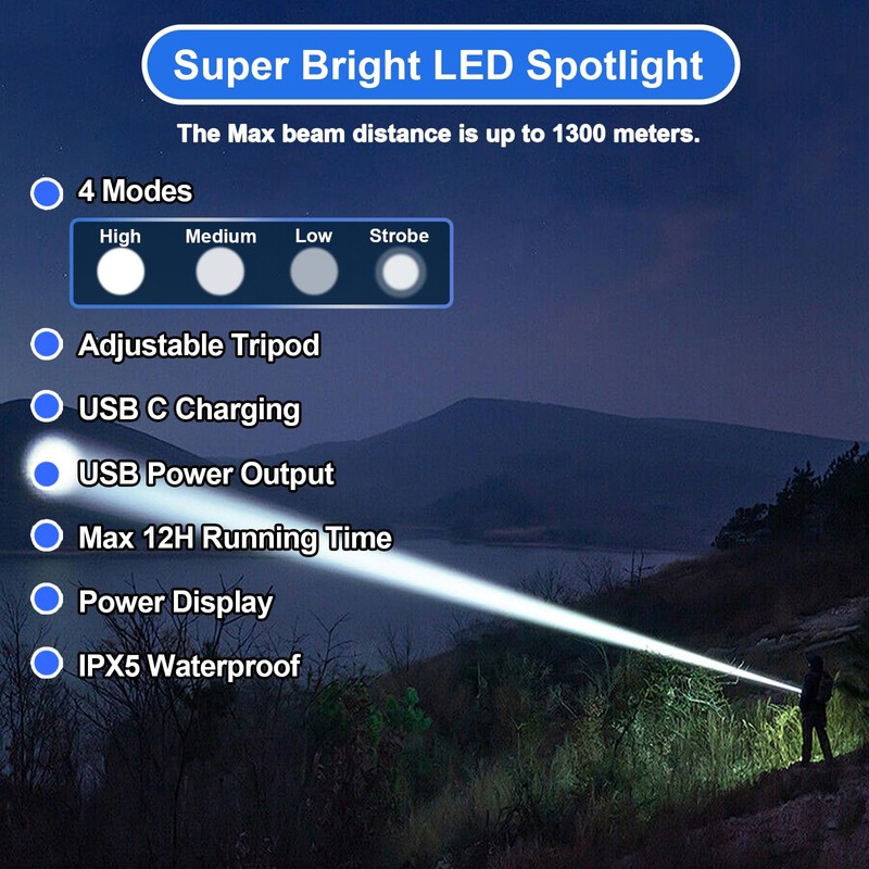 Peascat Spotlight Rechargeable High Lumens 200,000L, 4 Modes Super Bright