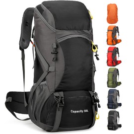 jianyana Hiking Backpack Waterproof 50L Foldable Rucksack Durable Lightweight Camping Bag with Rain Cover for Camping Trekking Hiking Walking Cycling Climbing Outdoor Sports for Women Men(Black)