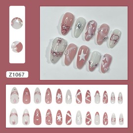 24Pcs Star Press on Nails Medium Almond Fake Nails Cute Bow Star with Rhinestones Glitter Designs Full Cover Pink White Glue on Nails French Tip False Nails for Women Girls Artificial Acrylic Nails