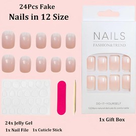 24 Pcs French False Nails, Full Cover False Soft Nails Nude White Square Stick on Nails, Wearing Armor, Square Short False Nails, Pink Gradient Frech Nude Press on Nails for Women