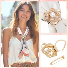 kilofly 4pc Women's Elegant Faux Pearl Crystal Rhinestone Scarf Ring Buckle Clip