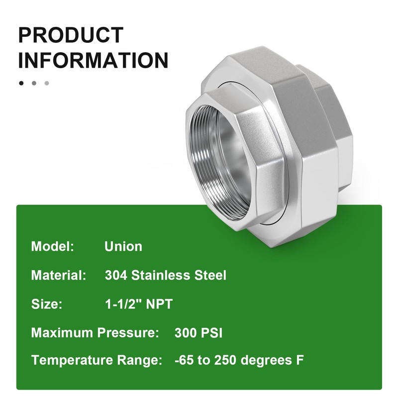 TAISHER 1PCS 304 Stainless Steel Union，1-1/2" NPT Female Cast Pipe