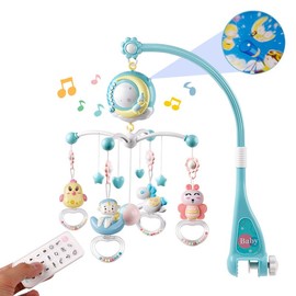 Educational Piano Music Toy Baby Musical Crib Mobile with Timing Function Projector Lights,Stand-Along Rattles and 150 Melodies Music Box with Remote Control for Newborn 0-24 Months - Color: Blue