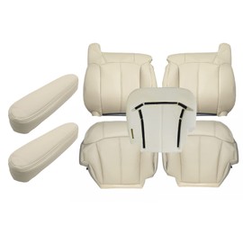 Priprilod Light Tan 522 or 922 Leather Driver & Passenger Bottom Seat Cover & Top Lean Back & Driver Foam Cushion & Armrest Covers Fit for Chevy Tahoe Suburban Yukon Yukon XL 1999 2000 2001 2002