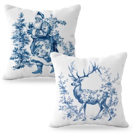 YeiHe Chinoiserie Christmas Decor Pillow Covers 18x18 Set of 2, Vintage Blue and White Santa Reindeer Christmas Pillow Covers, Blue and White Christmas Decorations, Grandmillennial Christmas Decor