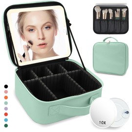 Travel Makeup Bag,with Mirror 3 Color Setting and Detachable 10x Magnifying Mirror Travel Makeup Bag,Portable Storage and Adjustable Dividers （light green）