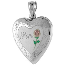 3/4 inch Sterling Silver Heart Locket Pendant for Women MOM & Red Rose NO CHAIN