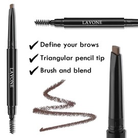 LAVONE Eyebrow Pencil - Makeup Waterproof Brow Pencil with Triangular Tip, Dual-Sided Brow Brush, Precise, Fine Tip, Fills Brows Creates Natural Looking Brow, with Hair Clips - Deep Brown