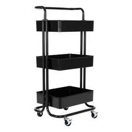 Seville Classics 3 Bin Metal Rolling Storage Utility Cart Organizer Trolley w/Lockable Wheels for Office, Art Supplies, School, Salon, Kitchen, Garage, Home, Black w/Handle