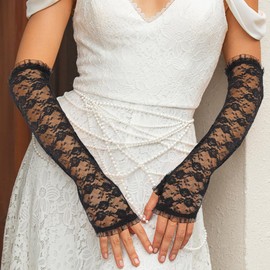 GEMILY Lace Fingerless Gloves Long Bridal Gloves Opera Tea Party Arm Sleeves for Women and Girls (Black, one size)