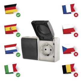 EMOS Toggle Switch and Socket with Protective Contact, Surface-Mounted Combination Schuko Socket and Single Switch for Wall Mounting, IP44 for Wet Rooms and Outdoors, Black/Grey