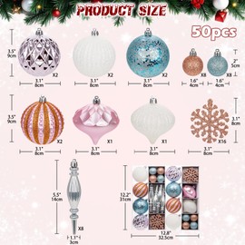 Oairse 50 pcs Christmas Baubles Ornaments Set Glitter Shatterproof Ball for Christmas Tree Decorations Hanging Baubles Ornaments for Xmas Tree Holiday Party Wedding Home Decor - Pink White Blue