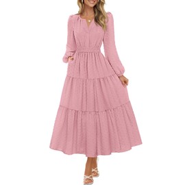 MEROKEETY Women's Fall Long Sleeve Maxi Dress 2025 Fashion Ruffle Tiered Boho Swiss Dots Wedding Guest Dresses, Pink, X-Large