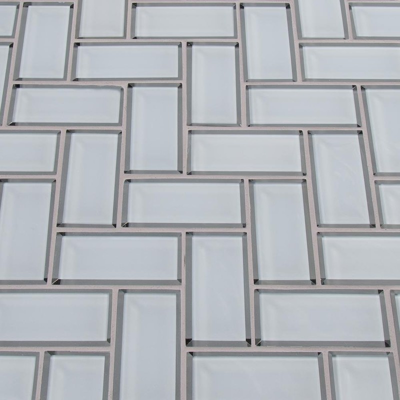 White Glass Mirror Beveled Herringbone 2'' x 4'' Tile Kitchen