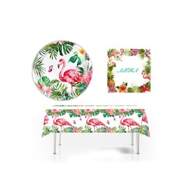 VGRDTW Hawaiian Party Decoration Set -10 Flamingo Plates, 20 Tissues, 1 Tablecloth, Suitable for Tropical Style, Beach Parties, Summer Gatherings, Hawaiian Decoration