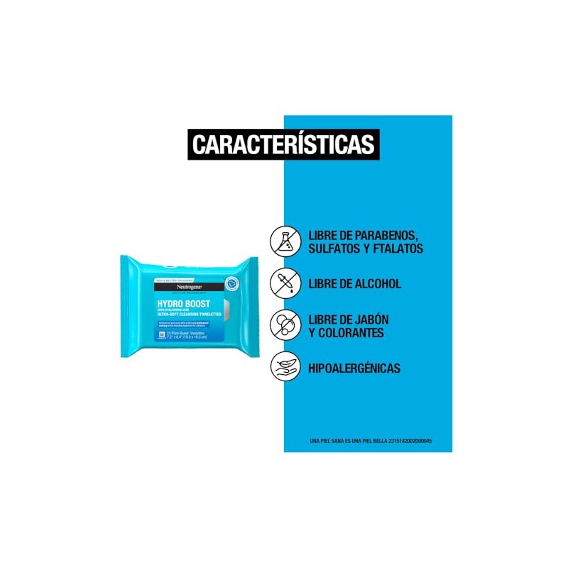 Neutrogena Toallitas limpiadoras Hydro Boost Ácido Hialurónico 25 pzs