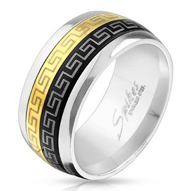 Scratching's COOLBODYART Dome Ring Black Stainless Steel 10 mm Wide Gold Maze Labyrinth 60 (19) – 69 (22), Stainless Steel, Silver