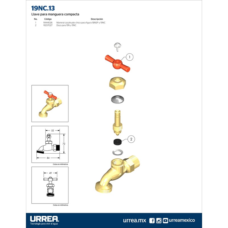 URREA 19NC.13 Llave Compresión para Jardín, Bronce