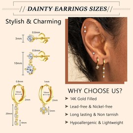 4 Pairs Small Gold Dangle Earrings for Women - Hypoallergenic 14K Gold Plated Huggie Hoop Earring Studs Stack Set Dainty Drop CZ Pearl Surgical Stainless Steel Jewelry with Charm 14K - Chain