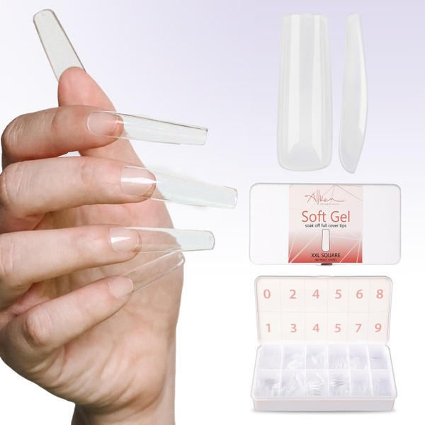 Allkem XXL Square 360 Pcs | Clear Soft Gel Nail Tips | 12 Sizes Extra Extra Long Full Cover Nail Extensions