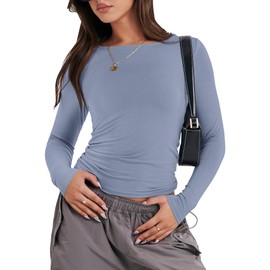 ANRABESS Women’s Long Sleeve Shirts Tight Fitted Going Out Crop Tops Crewneck Basic Tee Y2k Fall Outfits Teens Girls Clothess Grey Blue M