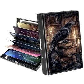 ACWDMKH Metal Wallet,Credit Card Holder for Women Men,RFID Blocking Card Holder Mini Slim Aluminum Wallet ID Case Hard Case Business Card Holder Case,Crow Bookshelf