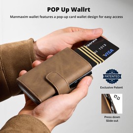 Manmaxim Men Card Wallet RFID Blocking, Minimalist Wallet Pop Up Credit Card Holder for Men, Smart Mens Wallets Magnetic Trifold Wallets for Men with Money Clip and 2 ID Windows Mens Gifts, Brown