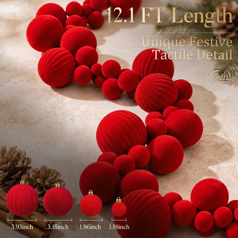 12ft Large Velvet Christmas Ball Garland Ornament, Red