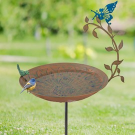 VEWOGIFT Metal Bird Baths for Outdoors, 42" H Birdbath with 13 Inch Bowl, Peacock Bird Bath & Bird Feeder with Leaf & Fairy Decor for Outside Garden Patio Yard Lawn