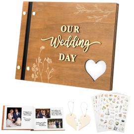 Rustic Wooden Wedding Guest Book Memory Book for Wedding Wooden Cover Photo Scrapbook Rustic Keepsake Guestbook with Stickers for Reception Anniversary Bridal Shower Engagement Supplies