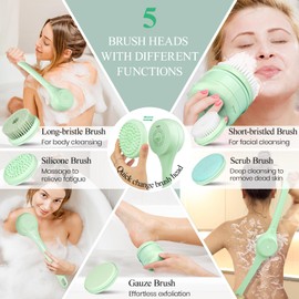 Electric Body Brush Back Scrubber for Shower, Dual Handle Auto Spinning Exfoliating Massage Bath Brush with 5 Brush Heads, Deep Cleansing, Waterproof, Rechargeable Rotating Body Brushes