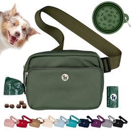 Puppington 3-in-1 Crossbody Bag & Dog Treat Pouch for Pet Training - Matching Compostable Poop Bags, Built-In Poop Bag Dispenser & Slow-Feeding Travel Dog Bowl - Dog Walking Bag (Basil Green), Green