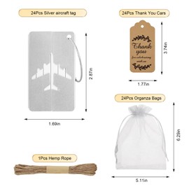 74 Pcs Luggage Tags Gifts -24 Set Silver Airplane Design Luggage Tags for Guests with 24 PcsTags and 24 White Sheer Bags Wedding Party Favors Bulk- Perfect for Suitcases