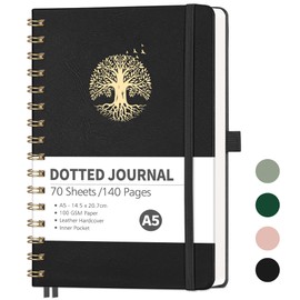 RETTACY Notebook A5 Bullet Dot Journals - Hardback Leather Grid Dotted Journal,Spiral Sketchbook 140 Pages Notepad for Work School,100gsm Thick Paper,Bookmark, Stencils, Inner Pocket - Black