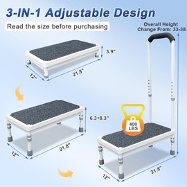Step Stool with Handle for Elderly, Bathtub Steps Seniors Medical Safety Handicap Foot Stool, Shower Tub Helper Stepping Heavy Duty 400lbs, Adjustable Metal Bath Platform with Handrail Non Slip