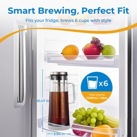 BrewMOO- Airtight Cold Brew Coffee Maker Pitcher, 1.4L/48Oz Thick Glass Carafe with Filter, Comfort Sturdy Handle & Wide Spout, Non-Slip Base | Iced Tea Maker (Grey)