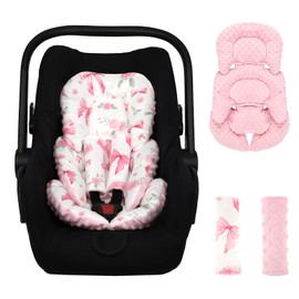 Jundetye Infant Car Seat Insert Girls, Soft Car Seat Head Support Baby & 2 Strap Pads, Preemie Newborn Carseat Insert Reversible Fits for Stroller, Baby Swing, Rocker, Bassinets, Bouncer, Pink Rose