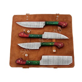Custom Handmade Damascus Chef Knives Set / Kitchen Knives 4 Pieces Set SS-17101, 17102, 17103, 17104, 17111, 17112, 17113, 17114 and 17115 (Green & Red Colored Wood)
