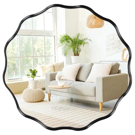 Fabuady Black Round Wavy Edge Mirror - 24'' Circle Wall Mirror with Metal Frame, Decorative Hanging/Leaning Mirrors for Bathroom, Bedroom, Living Room, Hallway, Entryway, Office, Home Decor