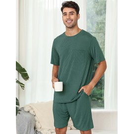 EISHOPEER Men's Lounge Wear Set with Round-Neck Top and Short Sleep Pajama Set - Comfortable Loungewear for Men Dark Green Medium
