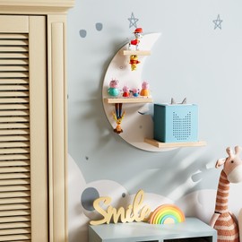 Eostbe Moon Tonie Shelf for Tonie and Tonie Box - White Magnetic Tonie Wooden Floating Shelf for Tonie Storage, Cute Tonie Wall Shelf for 9-18 Tonie Figures, Tonie Box Shelf Wall Mounted for Kids