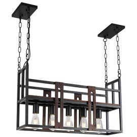 KEESFU Farmhouse Light Fixture Black Kitchen Island Lighting,5 Light Rectangle Wood Linear Chandelier Over Table for Dining Room,Black Industrial Metal Hanging Pendant Lighting Height Adjustable.