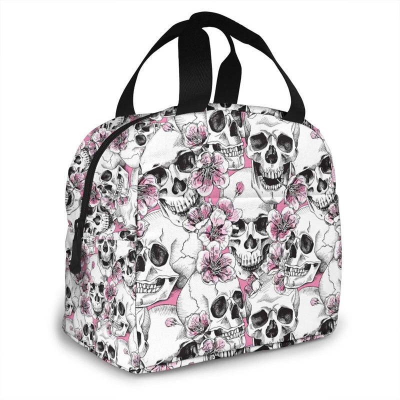 Hulnulnu Insulated Lunch Bag with Skull and Flowers Reusable Portable