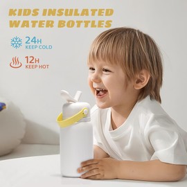 pluseight Kids Insulated Water Bottle, 15 oz Kids Water Bottle with Stickers, 18/8 Stainless Steel Leak Proof Kids Cups with Straw for School Travel Boys Girls (White)